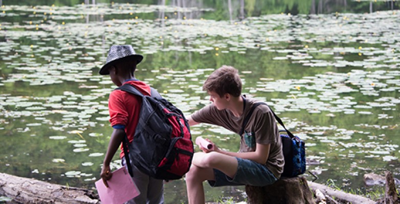 Au lac Paradis deux jeunes observent la grenouille verte